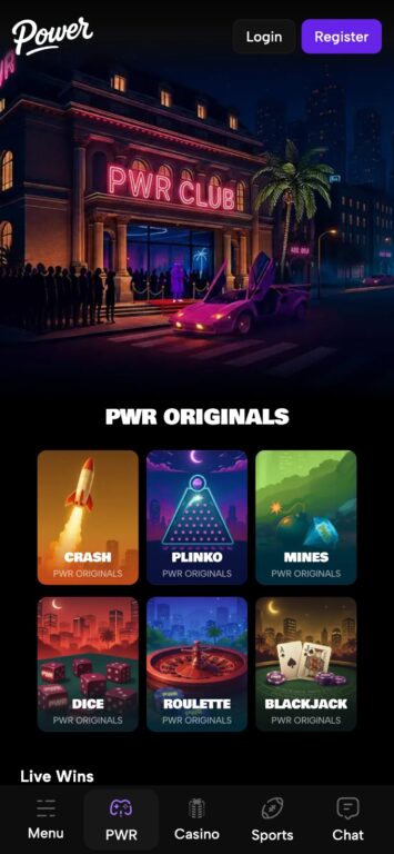 Power.win mobile homepage showing the PWR Club hero image, six PWR Originals games (Crash, Plinko, Mines, Dice, Roulette, Blackjack), and bottom navigation bar with Menu, PWR, Casino, Sports, and Chat tabs.
