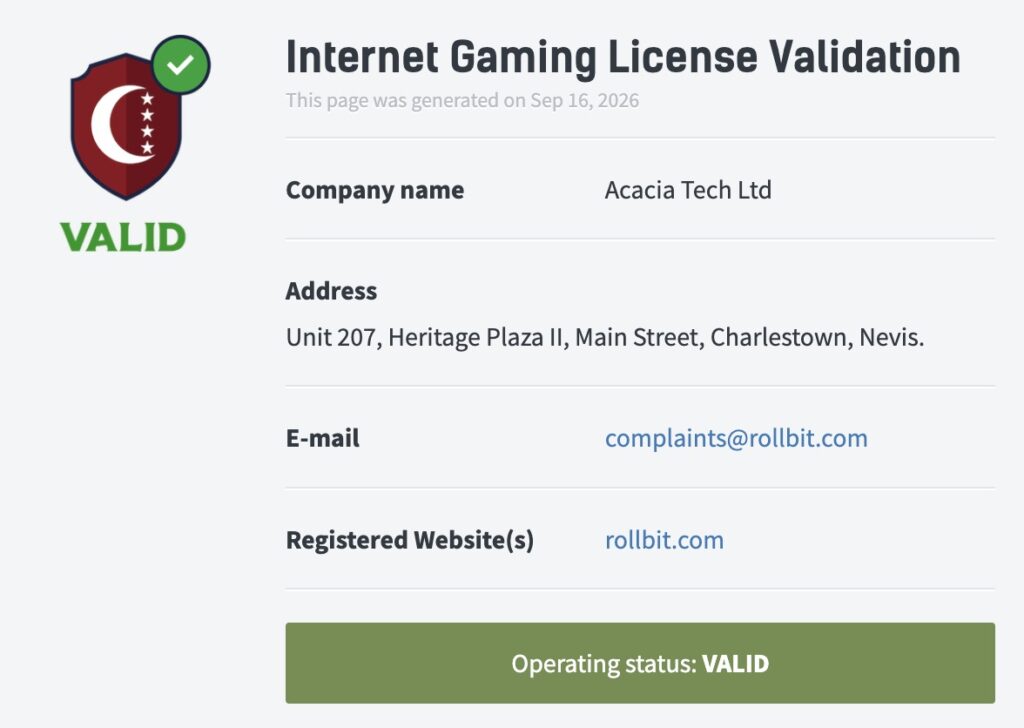 Anjouan Internet Gaming License Validation page for Acacia Tech Ltd showing company name, Nevis address, complaints@rollbit.com email, registered website rollbit.com, and operating status displayed as "VALID" in a green banner, generated on September 16, 2026.
