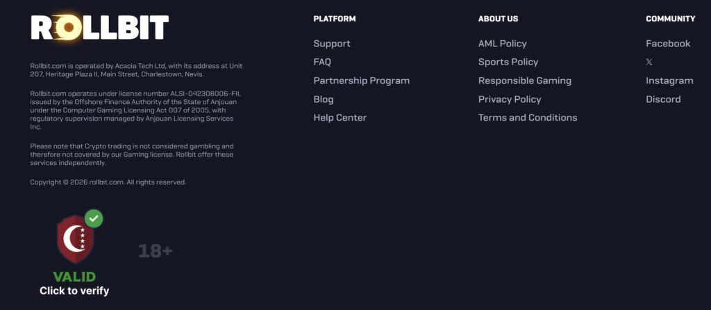 Rollbit website footer showing Acacia Tech Ltd registration details, Nevis address, Anjouan license number ALSI-042308006-FII, a crypto trading disclaimer, and an Anjouan verification badge displaying "VALID" in green.