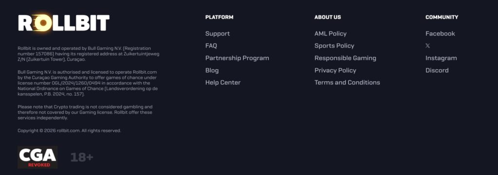 Rollbit website footer showing Bull Gaming N.V. registration details, CGA license number OGL/2024/1260/0494, and a CGA logo with "REVOKED" displayed in red text beneath it.