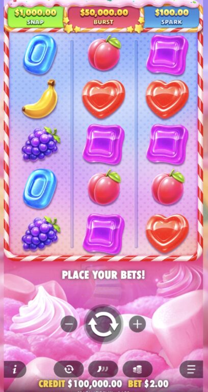 Sweet Bonanza Pop slot base game showing a 3x5 grid with candy and fruit symbols, $2.00 bet, and three POP prize tiers displayed at the top