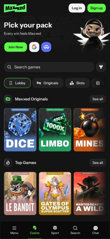 Maxxed casino mobile homepage showing the Pick Your Pack welcome banner, Google and wallet login buttons, game category tabs, Maxxed Originals tiles for Dice, Limbo and Mines, and Top Games including Le Bandit, Gates of Olympus Super Scatter and Wanted Dead or a Wild
